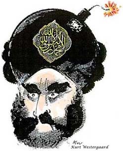 Cartoon of Muhammad with a bomb in his turban.