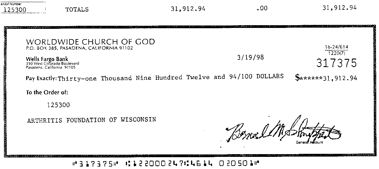 The Worldwide Church of God's Check to The Arthritis Foundation